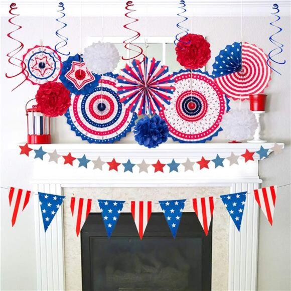 29-Piece Patriotic Party Decor Set – Red, White & Blue Fans, Poms, Banners - Picture 5 of 7